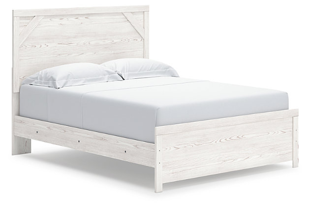 Cool, clean and casually modern. The Gerridan queen panel bed’s wispy whitewash finish sets the tone for your calming sanctuary. Framed elements and cross-brace accents add dimension and authenticity to the bed’s simply stunning profile.Includes headboard, footboard and rails | Made of engineered wood and decorative laminate | White rustic finish with replicated cedar grain  | Foundation/box spring required, sold separately | Mattress not included, sold separately | Assembly required | Estimated Assembly Time: 5 Minutes