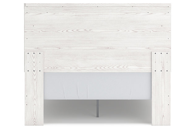 Cool, clean and casually modern. The Gerridan queen panel bed’s wispy whitewash finish sets the tone for your calming sanctuary. Framed elements and cross-brace accents add dimension and authenticity to the bed’s simply stunning profile.Includes headboard, footboard and rails | Made of engineered wood and decorative laminate | White rustic finish with replicated cedar grain  | Foundation/box spring required, sold separately | Mattress not included, sold separately | Assembly required | Estimated Assembly Time: 5 Minutes