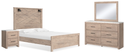 Senniberg Queen Panel Bed with Mirrored Dresser and Nightstand, Light Brown/White, large