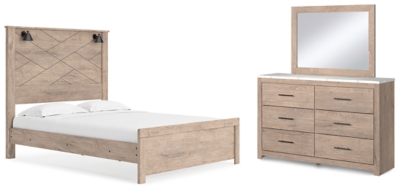 Senniberg Queen Panel Bed with Mirrored Dresser, Light Brown/White, large
