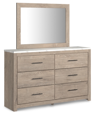 Senniberg 6 Drawer Dresser and Mirror, Light Brown/White