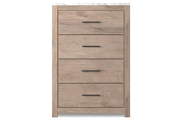 Cool, clean and casually modern. The Senniberg chest’s light natural finish and faux Calcutta marble top set the tone for your calming sanctuary. Large linear pulls add dimension and authenticity. Four smooth-gliding drawers neatly accommodate your wardrobe needs.Made of engineered wood (MDF/particleboard) | and decorative laminate | Dry, light finish with replicated oak grain and authentic | Replicated Calcutta marble top | 4 smooth-gliding drawers with faux linen lining | Large scale dark colored handles | Safety is a top priority, clothing storage units are designed to meet the most current standard for stability, ASTM F 2057 (ASTM International) | Drawers extend out to accommodate maximum access to drawer interior while maintaining safety | Assembly required