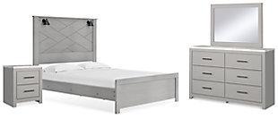Cottonburg Queen Panel Bed with Mirrored Dresser and Nightstand, Light Gray/White, large