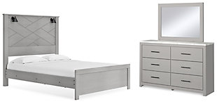 Cottonburg Queen Panel Bed with Mirrored Dresser, Light Gray/White, large