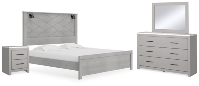 Cottonburg King Panel Bed with Mirrored Dresser and Nightstand, Light Gray/White, large