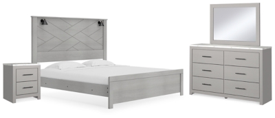 Cottonburg King Panel Bed with Mirrored Dresser and Nightstand, Light Gray/White