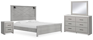 Cottonburg King Panel Bed with Mirrored Dresser and Nightstand, Light Gray/White, large