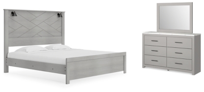 Cottonburg King Panel Bed with Mirrored Dresser, Light Gray/White