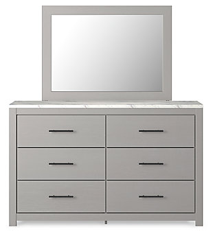 Cool, clean and casually modern. The Cottenburg dresser and mirror’s wispy dove gray finish and faux Calcutta marble top set the tone for your calming sanctuary. Large linear pulls add dimension and authenticity. Six smooth-gliding drawers neatly accommodate your wardrobe needs.Made of engineered wood (MDF/particleboard) and decorative laminate | Wispy dove gray finish with replicated wood grain | Replicated Calcutta marble top | 6 smooth-gliding drawers with faux linen lining | Large scale dark colored handles | Mirror attaches to back of dresser | Assembly required | Estimated Assembly Time: 5 Minutes