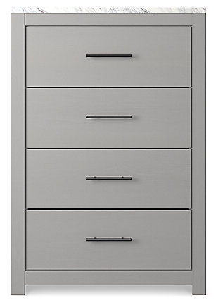 Cool, clean and casually modern. The Cottonburg chest’s wispy dove gray finish and faux Calcutta marble top set the tone for your calming sanctuary. Large linear pulls add dimension and authenticity. Four smooth-gliding drawers neatly accommodate your wardrobe needs.Made of engineered wood (MDF/particleboard) | and decorative laminate | Wispy dove gray finish with replicated wood grain | Replicated Calcutta marble top | 4 smooth-gliding drawers with faux linen lining | Large scale dark colored handles | Safety is a top priority, clothing storage units are designed to meet the most current standard for stability, ASTM F 2057 (ASTM International) | Drawers extend out to accommodate maximum access to drawer interior while maintaining safety | Assembly required