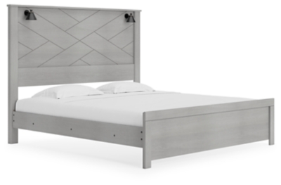 Cottonburg King Panel Bed with Sconce Lights, Light Gray/White