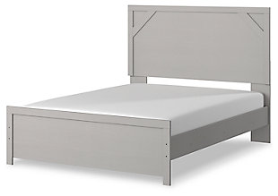 Cool, clean and casually modern. The Cottenburg queen panel bed’s wispy dove gray finish sets the tone for your calming sanctuary. Framed elements and cross-brace accents add dimension and authenticity to the bed’s simply stunning profile.Includes headboard, footboard and rails | Made of engineered wood (MDF/particleboard) and decorative laminate | Wispy dove gray finish with replicated wood grain | Foundation/box spring required, sold separately | Mattress not included, sold separately | Assembly required | Estimated Assembly Time: 5 Minutes