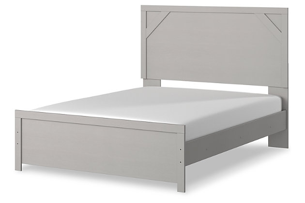 Cool, clean and casually modern. The Cottenburg queen panel bed’s wispy dove gray finish sets the tone for your calming sanctuary. Framed elements and cross-brace accents add dimension and authenticity to the bed’s simply stunning profile.Includes headboard, footboard and rails | Made of engineered wood (MDF/particleboard) and decorative laminate | Wispy dove gray finish with replicated wood grain | Foundation/box spring required, sold separately | Mattress not included, sold separately | Assembly required | Estimated Assembly Time: 5 Minutes