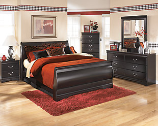 The Huey Vineyard queen sleigh bed is the epitome of traditional decor. Louis Philippe-style moulding dates back to the mid-19th century when furnishings were lavish yet somewhat simple. Luxe finish adds a slightly modern touch. Mattress and foundation/box spring sold separately.Made of engineered wood | Includes headboard, footboard and rails | Louis Philippe-style moulding | Assembly required | Foundation/box spring required, sold separately | Mattress available, sold separately | Estimated Assembly Time: 10 Minutes