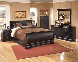 The Huey Vineyard queen sleigh bed is the epitome of traditional decor. Louis Philippe-style moulding dates back to the mid-19th century when furnishings were lavish yet somewhat simple. Luxe finish adds a slightly modern touch. Mattress and foundation/box spring sold separately.Made of engineered wood | Includes headboard, footboard and rails | Louis Philippe-style moulding | Assembly required | Foundation/box spring required, sold separately | Mattress available, sold separately | Estimated Assembly Time: 10 Minutes
