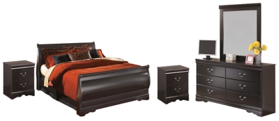 Huey Vineyard Full Sleigh Bed with Mirrored Dresser and 2 Nightstands, Black