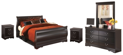 Huey Vineyard Queen Sleigh Bed with Mirrored Dresser and 2 Nightstands, Black