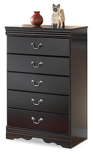 The Huey Vineyard chest of drawers is the epitome of traditional decor. Louis Philippe-style moulding dates back to the mid-19th century when furnishings were lavish yet somewhat simple. Luxe finish adds a slightly modern touch. Five smooth-glide drawers beautifully accommodate your wardrobe.Made of engineered wood (MDF/particleboard) | Antiqued pewter-tone hardware | 5 smooth-operating drawers | Louis Philippe-style moulding | Small Space Solution | Includes tipover restraint device | Safety is a top priority, clothing storage units are designed to meet the most current standard for stability, ASTM F 2057 (ASTM International) | Drawers extend out to accommodate maximum access to drawer interior while maintaining safety