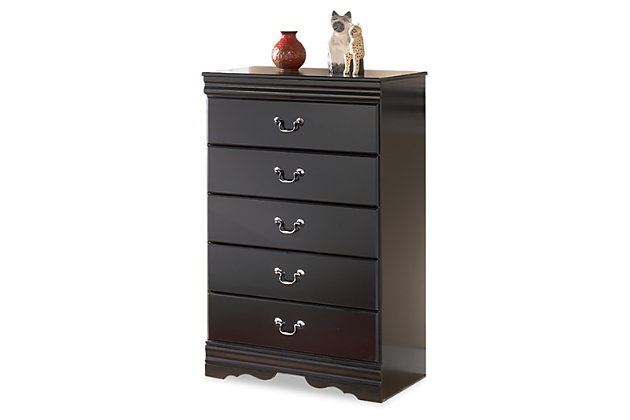 The Huey Vineyard chest of drawers is the epitome of traditional decor. Louis Philippe-style moulding dates back to the mid-19th century when furnishings were lavish yet somewhat simple. Luxe finish adds a slightly modern touch. Five smooth-glide drawers beautifully accommodate your wardrobe.Made of engineered wood (MDF/particleboard) | Antiqued pewter-tone hardware | 5 smooth-operating drawers | Louis Philippe-style moulding | Small Space Solution | Includes tipover restraint device | Safety is a top priority, clothing storage units are designed to meet the most current standard for stability, ASTM F 2057 (ASTM International) | Drawers extend out to accommodate maximum access to drawer interior while maintaining safety