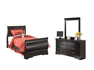 The Huey Vineyard 7-piece bedroom set—with twin sleigh bed, dresser with mirror and pair of nightstands—is the epitome of traditional decor. Louis Philippe-style moulding dates back to the mid-19th century when furnishings were lavish yet somewhat simple. Luxe finish adds a slightly modern touch. Mattress and foundation/box spring available, sold separately.Includes twin sleigh bed (with headboard, footboard and rails), dresser with mirror and 2 nightstands | Made of engineered wood (MDF/particleboard)  | Louis Philippe-style moulding | Each nightstand with 2 smooth-gliding drawers | Dresser with 6 smooth-gliding drawers | Mirror attaches to back of dresser | Assembly required | Mattress and foundation/box spring available, sold separately | Estimated Assembly Time: 15 Minutes