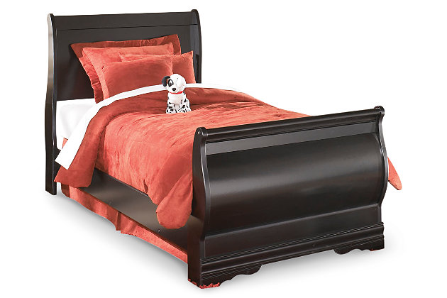 The Huey Vineyard 7-piece bedroom set—with twin sleigh bed, dresser with mirror and pair of nightstands—is the epitome of traditional decor. Louis Philippe-style moulding dates back to the mid-19th century when furnishings were lavish yet somewhat simple. Luxe finish adds a slightly modern touch. Mattress and foundation/box spring available, sold separately.Includes twin sleigh bed (with headboard, footboard and rails), dresser with mirror and 2 nightstands | Made of engineered wood (MDF/particleboard)  | Louis Philippe-style moulding | Each nightstand with 2 smooth-gliding drawers | Dresser with 6 smooth-gliding drawers | Mirror attaches to back of dresser | Assembly required | Mattress and foundation/box spring available, sold separately | Estimated Assembly Time: 15 Minutes