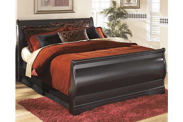 The Huey Vineyard bedroom set with sleigh bed and dresser is the epitome of traditional decor. Louis Philippe-style moulding dates back to the mid-19th century when furnishings were lavish yet somewhat simple. Luxe finish adds a slightly modern touch. Smooth-glide drawers beautifully accommodate your wardrobe.Includes bed (with headboard, footboard and rails) and dresser (mirror not included) | Made of engineered wood (MDF/particleboard)  | Glossy finish over replicated cherry grain | Antiqued pewter-tone hardware | Dresser with 6 smooth-gliding drawers | Assembly required | Foundation/box spring required, sold separately | Mattress available, sold separately | Estimated Assembly Time: 10 Minutes