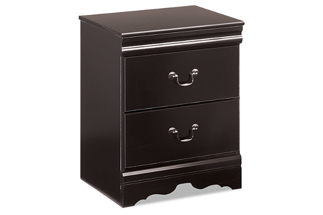 The Huey Vineyard nightstand is the epitome of traditional decor. Louis Philippe-style moulding dates back to the mid-19th century when furnishings were lavish yet somewhat simple. Luxe finish adds a slightly modern touch.Made of engineered wood (MDF/particleboard) | 2 smooth-operating drawers | Louis Philippe-style moulding | Antiqued pewter-tone hardware | Small Space Solution
