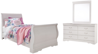 Anarasia Twin Sleigh Bed with Mirrored Dresser, White