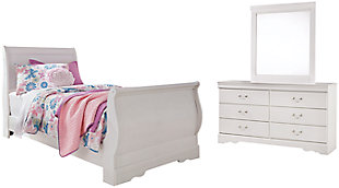 Anarasia Twin Sleigh Bed with Mirrored Dresser, White, large