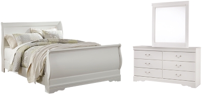 Anarasia Queen Sleigh Bed with Mirrored Dresser, White