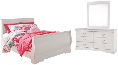 Anarasia Full Sleigh Bed with Mirrored Dresser, White, large