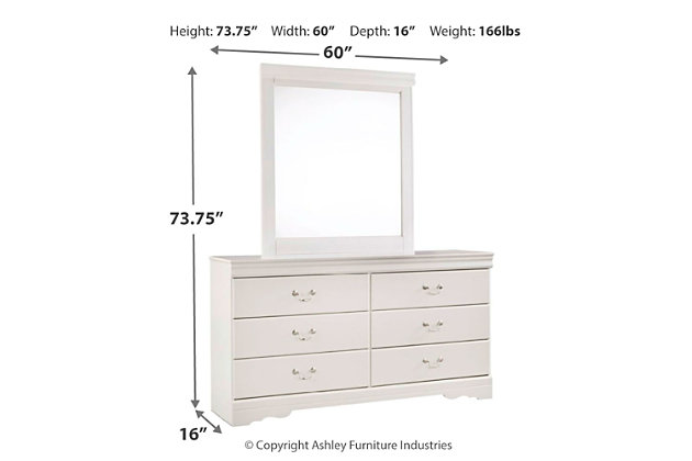 The Anarasia dresser and mirror set's crisp cottage white gives traditional Louis Philippe profiling a delightful style awakening. The look is timeless. The feel? Right at home. Six smooth-gliding drawers with antiqued bail pulls beautifully accommodate.Made of engineered wood (MDF/particleboard) | 6 smooth-gliding drawers | Antiqued pewter-tone hardware | Mirror attaches to back of dresser | Assembly required | Includes tipover restraint device | Estimated Assembly Time: 5 Minutes