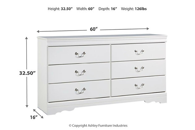 The Anarasia dresser's crisp cottage white gives traditional Louis Philippe profiling a delightful style awakening. The look is timeless. The feel? Right at home. Six smooth-gliding drawers with antiqued bail pulls beautifully accommodate.Dresser only | Made of engineered wood | 6 smooth-gliding drawers | Aged pewter-tone hardware | Includes tipover restraint device | Safety is a top priority, clothing storage units are designed to meet the most current standard for stability, ASTM F 2057 (ASTM International) | Drawers extend out to accommodate maximum access to drawer interior while maintaining safety