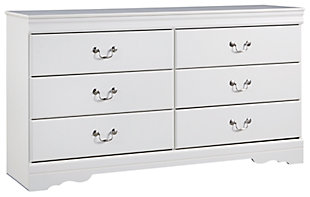 The Anarasia dresser's crisp cottage white gives traditional Louis Philippe profiling a delightful style awakening. The look is timeless. The feel? Right at home. Six smooth-gliding drawers with antiqued bail pulls beautifully accommodate.Dresser only | Made of engineered wood (MDF/particleboard) | 6 smooth-gliding drawers | Aged pewter-tone hardware | Includes tipover restraint device | Safety is a top priority, clothing storage units are designed to meet the most current standard for stability, ASTM F 2057 (ASTM International) | Drawers extend out to accommodate maximum access to drawer interior while maintaining safety