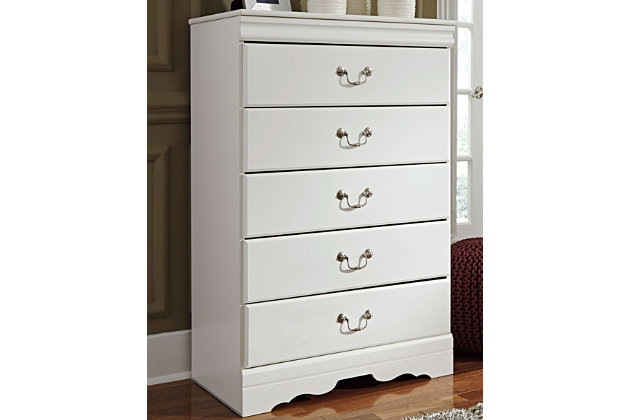 The Anarasia chest of drawer's crisp cottage white gives traditional Louis Philippe profiling a delightful style awakening. The look is timeless. The feel? Right at home. Five smooth-gliding drawers with antiqued bail pulls beautifully accommodate.Made of engineered wood (MDF/particleboard) | 5 smooth-gliding drawers | Aged pewter-tone hardware | Small Space Solution | Includes tipover restraint device | Safety is a top priority, clothing storage units are designed to meet the most current standard for stability, ASTM F 2057 (ASTM International) | Drawers extend out to accommodate maximum access to drawer interior while maintaining safety