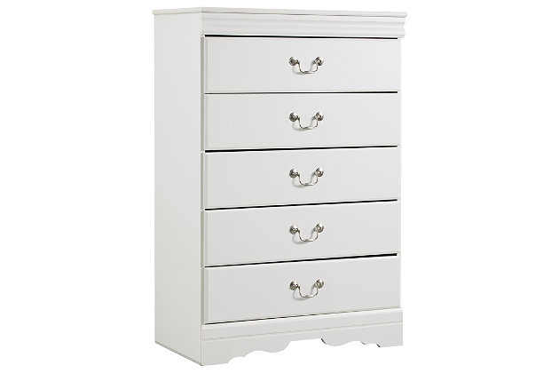 The Anarasia chest of drawer's crisp cottage white gives traditional Louis Philippe profiling a delightful style awakening. The look is timeless. The feel? Right at home. Five smooth-gliding drawers with antiqued bail pulls beautifully accommodate.Made of engineered wood | 5 smooth-gliding drawers | Aged pewter-tone hardware | Small Space Solution | Includes tipover restraint device | Safety is a top priority, clothing storage units are designed to meet the most current standard for stability, ASTM F 2057 (ASTM International) | Drawers extend out to accommodate maximum access to drawer interior while maintaining safety
