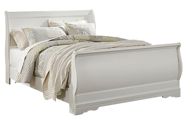 The Anarasia sleigh bed's crisp cottage white gives traditional Louis Philippe profiling a delightful style awakening. The look is timeless. The feel? Right at home. Mattress and foundation/box spring available, sold separately.Made of engineered wood (MDF/particleboard) | Includes headboard, footboard and rails | Louis Philippe styling | Assembly required | Foundation/box spring required, sold separately | Mattress available, sold separately | Estimated Assembly Time: 10 Minutes