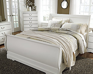 The Anarasia queen sleigh bed's crisp cottage white gives traditional Louis Philippe profiling a delightful style awakening. The look is timeless. The feel? Right at home. Mattress and foundation/box spring available, sold separately.Made of engineered wood (MDF/particleboard) | Includes headboard, footboard and rails | Louis Philippe styling | Assembly required | Foundation/box spring required, sold separately | Mattress available, sold separately | Estimated Assembly Time: 10 Minutes