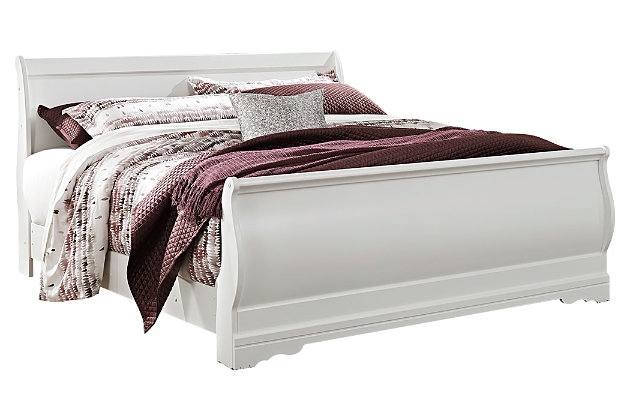 The Anarasia king sleigh bed's crisp cottage white gives traditional Louis Philippe profiling a delightful style awakening. The look is timeless. The feel? Right at home. Mattress and foundation/box spring available, sold separately.Made of engineered wood | Includes headboard, footboard and rails | Louis Philippe styling | Assembly required | Foundation/box spring required, sold separately | Mattress available, sold separately | Estimated Assembly Time: 10 Minutes