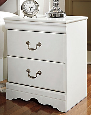 The Anarasia nightstand's crisp cottage white gives traditional Louis Philippe profiling a delightful style awakening. The look is timeless. The feel? Right at home. Two smooth-gliding drawers with antiqued bail pulls beautifully accommodate.Made of engineered wood (MDF/particleboard) | 2 smooth-gliding drawers | Aged pewter-tone hardware | Small Space Solution