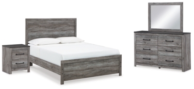 Bronyan Queen Panel Bed with Mirrored Dresser and Nightstand, Dark Gray