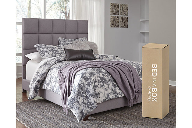 Serenity now. This queen upholstered bed is sure to awaken a love for modern platform styling with a softer side. Plush to the touch and so easy on the eyes, a dusty gray fabric hugs the bed—from the chic headboard with stitched square tufting, to the low footboard and side rails, emanating the calming mood you long for in the bedroom. Mattress and foundation/box spring sold separately.Engineered wood frame | Includes headboard, footboard and rails | Polyester upholstery on headboard, footboard and rails | Square tufting on headboard | Foundation/box spring required, sold separately | Mattress available, sold separately | Assembly required | Excluded from promotional discounts and coupons | All parts required for assembly of this bed are packed in the open space in the back of the headboard | Estimated Assembly Time: 60 Minutes