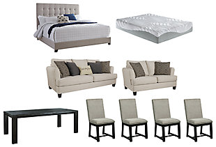 Bring contemporary style and maximum comfort to your entire home with this furniture package. The queen upholstered bed is plush to the touch and so easy on the eyes with a pale beige fabric, while the 12-inch mattress delivers amazing support, pressure relief and comfort. In the living room, light linen-tone upholstery on the loveseat and sofa is a beauty to behold. A strikingly simple dining table and posh dining chairs complete this all-encompassing package.Includes: queen upholstered bed (headboard, footboard and rails), queen mattress, sofa, loveseat, dining table, 4 dining chairs | Bed: engineered wood frame; polyester upholstery with button tufting; foundation/box spring required, sold separately | Mattress comfort level: medium; 12" profile height; 2" memory foam; 10" firm support foam; stretch knit cover; adjustable base compatible | Note: purchasing mattress and foundation from two different brands may void warranty, see warranty for details; 10-year non-prorated warranty, state recycling fee may apply; mattress ships in a box, please allow 48 hours for your mattress to fully expand after opening | Sofa and loveseat: corner-blocked frame; attached back and reversible seat cushions; high-resiliency foam cushions wrapped in thick poly fiber; polyester throw pillows with soft polyfill; exposed feet with faux wood finish | Platform foundation system resists sagging 3x better than spring system after 20,000 testing cycles by providing more even support | Smooth platform foundation maintains tight, wrinkle-free look without dips or sags that can occur over time with sinuous spring foundations | Dining table: made of acacia wood, oak veneers and engineered wood; table extends by pulling both ends and dropping in separate extension leaf | Dining chair: made of wood; polyester upholstery in pumice gray over foam cushion; pleated fabric details | Dining table and chair: blackened finish with gray undertones and wire-brushed texture | Assembly required | Estimated Assembly Time: 195 Minutes