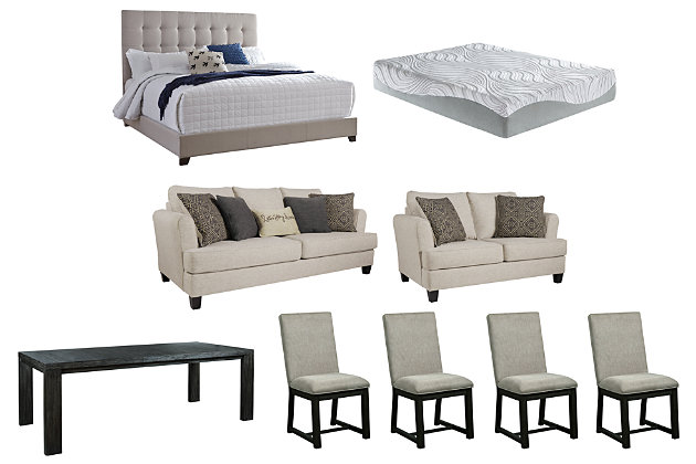 Bring contemporary style and maximum comfort to your entire home with this furniture package. The queen upholstered bed is plush to the touch and so easy on the eyes with a pale beige fabric, while the 12-inch mattress delivers amazing support, pressure relief and comfort. In the living room, light linen-tone upholstery on the loveseat and sofa is a beauty to behold. A strikingly simple dining table and posh dining chairs complete this all-encompassing package.Includes: queen upholstered bed (headboard, footboard and rails), queen mattress, sofa, loveseat, dining table, 4 dining chairs | Bed: engineered wood frame; polyester upholstery with button tufting; foundation/box spring required, sold separately | Mattress comfort level: medium; 12" profile height; 2" memory foam; 10" firm support foam; stretch knit cover; adjustable base compatible | Note: purchasing mattress and foundation from two different brands may void warranty, see warranty for details; 10-year non-prorated warranty, state recycling fee may apply; mattress ships in a box, please allow 48 hours for your mattress to fully expand after opening | Sofa and loveseat: corner-blocked frame; attached back and reversible seat cushions; high-resiliency foam cushions wrapped in thick poly fiber; polyester throw pillows with soft polyfill; exposed feet with faux wood finish | Platform foundation system resists sagging 3x better than spring system after 20,000 testing cycles by providing more even support | Smooth platform foundation maintains tight, wrinkle-free look without dips or sags that can occur over time with sinuous spring foundations | Dining table: made of acacia wood, oak veneers and engineered wood; table extends by pulling both ends and dropping in separate extension leaf | Dining chair: made of wood; polyester upholstery in pumice gray over foam cushion; pleated fabric details | Dining table and chair: blackened finish with gray undertones and wire-brushed texture | Assembly required | Estimated Assembly Time: 195 Minutes
