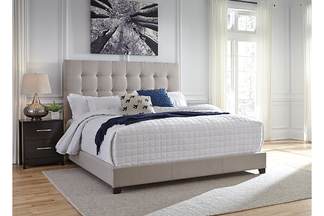 Serenity now. This king upholstered bed is sure to awaken a love for modern platform styling with a softer side. Plush to the touch and so easy on the eyes, a pale beige fabric hugs the bed—from the chic headboard with square button tufting, to the low footboard and side rails, emanating the calming mood you long for in the bedroom. Mattress and foundation/box spring sold separately.Includes headboard, footboard and rails | Engineered wood frame | Polyester upholstery on headboard, footboard and rails | Square button tufting on headboard | Foundation/box spring required | Mattress available, sold separately | All parts required for assembly of this bed are packed in the open space in the back of the headboard | Estimated Assembly Time: 30 Minutes