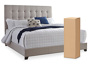 Serenity now. This king upholstered bed is sure to awaken a love for modern platform styling with a softer side. Plush to the touch and so easy on the eyes, a pale beige fabric hugs the bed—from the chic headboard with square button tufting, to the low footboard and side rails, emanating the calming mood you long for in the bedroom. Mattress and foundation/box spring sold separately.Includes headboard, footboard and rails | Engineered wood frame | Polyester upholstery on headboard, footboard and rails | Square button tufting on headboard | Foundation/box spring required | Mattress available, sold separately | All parts required for assembly of this bed are packed in the open space in the back of the headboard | Estimated Assembly Time: 30 Minutes