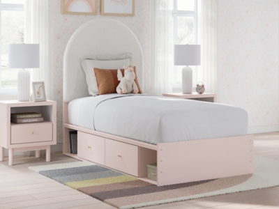 Wistenpine Twin Upholstered Panel Bed with 2 Storage Drawers and 2 Cubbies, Blush