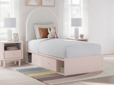 Wistenpine Twin Upholstered Panel Bed with 4 Storage Drawers and 4 Cubbies, Blush