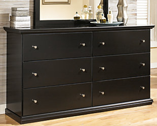 Clean, simple and beautiful. The Maribel dresser is a reflection of understated elegance. This easy-to-love look makes just the right statement, whether your taste leans toward classic or contemporary. Pewter-tone hardware is a pure pop of sophistication.Dresser only | Made of engineered wood (MDF/particleboard) | Pewter-tone knobs | 6 smooth-operating drawers | Includes tipover restraint device | Safety is a top priority, clothing storage units are designed to meet the most current standard for stability, ASTM F 2057 (ASTM International) | Drawers extend out to accommodate maximum access to drawer interior while maintaining safety