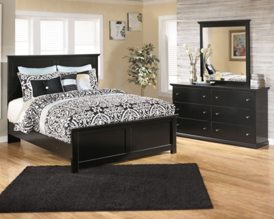 Maribel Full Panel Bed with Mirrored Dresser, Black